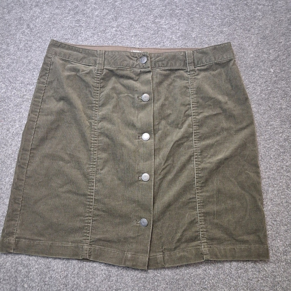 GH Bass Co Olive Green Corduroy Button Front Mini Skirt Size 12 Stretch A-Line